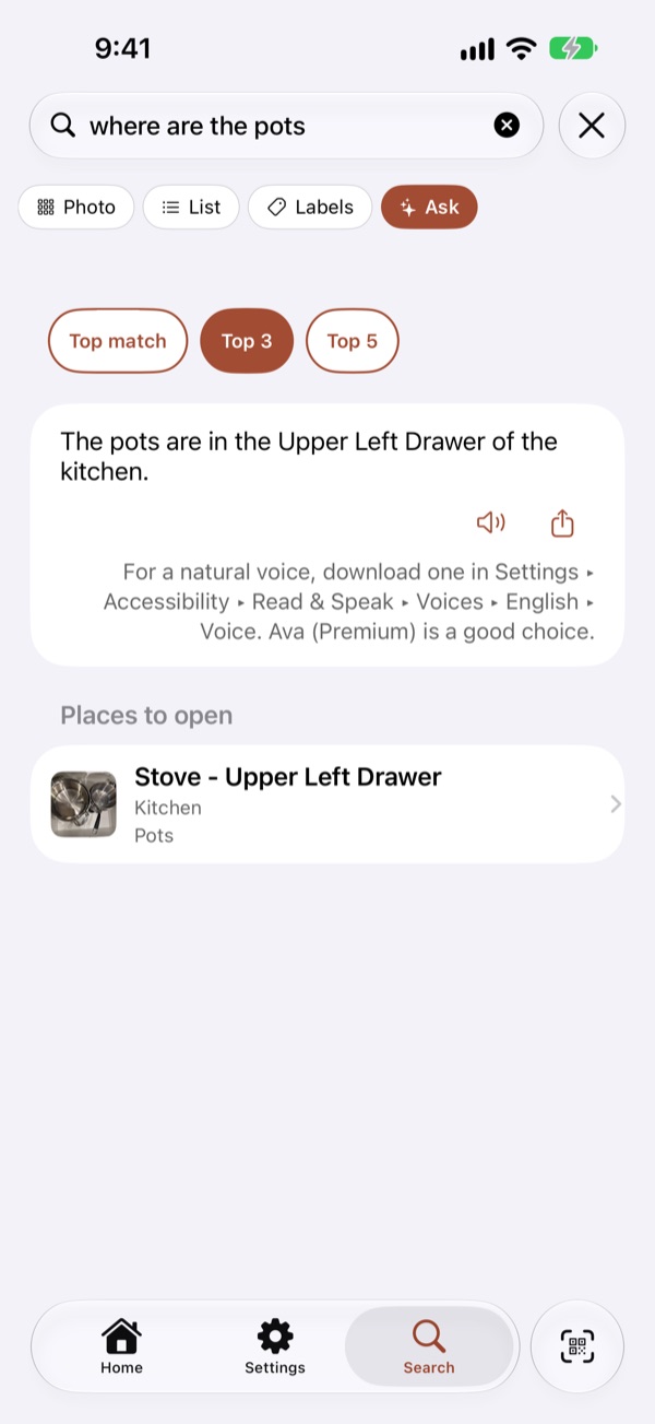 Ask: a question in plain words and the tiles that answer it.