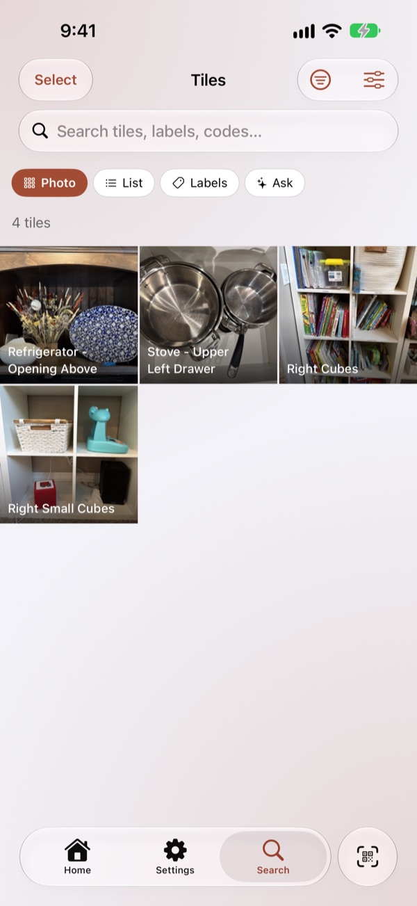 The Tiles page: every tile with its photo, title and labels.
